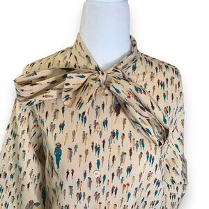 Vintage Multicolor Patterned Blouse with Bow Tie